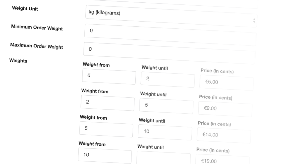 Screenshot showing the weight-based shipping method options.