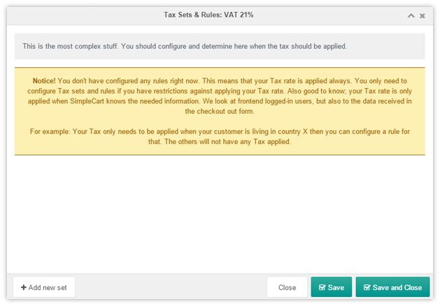 Tax Sets & Rules window (when nothing configured yet)
