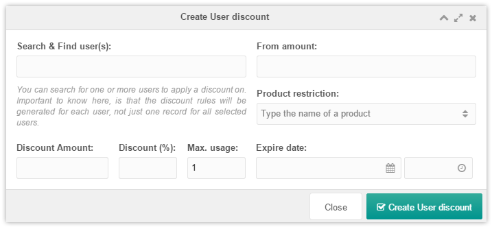 The user discount creation window