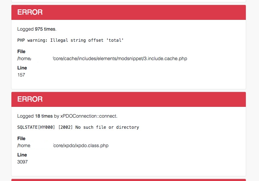 Screenshot of SiteDash showing some analyzed error messages.