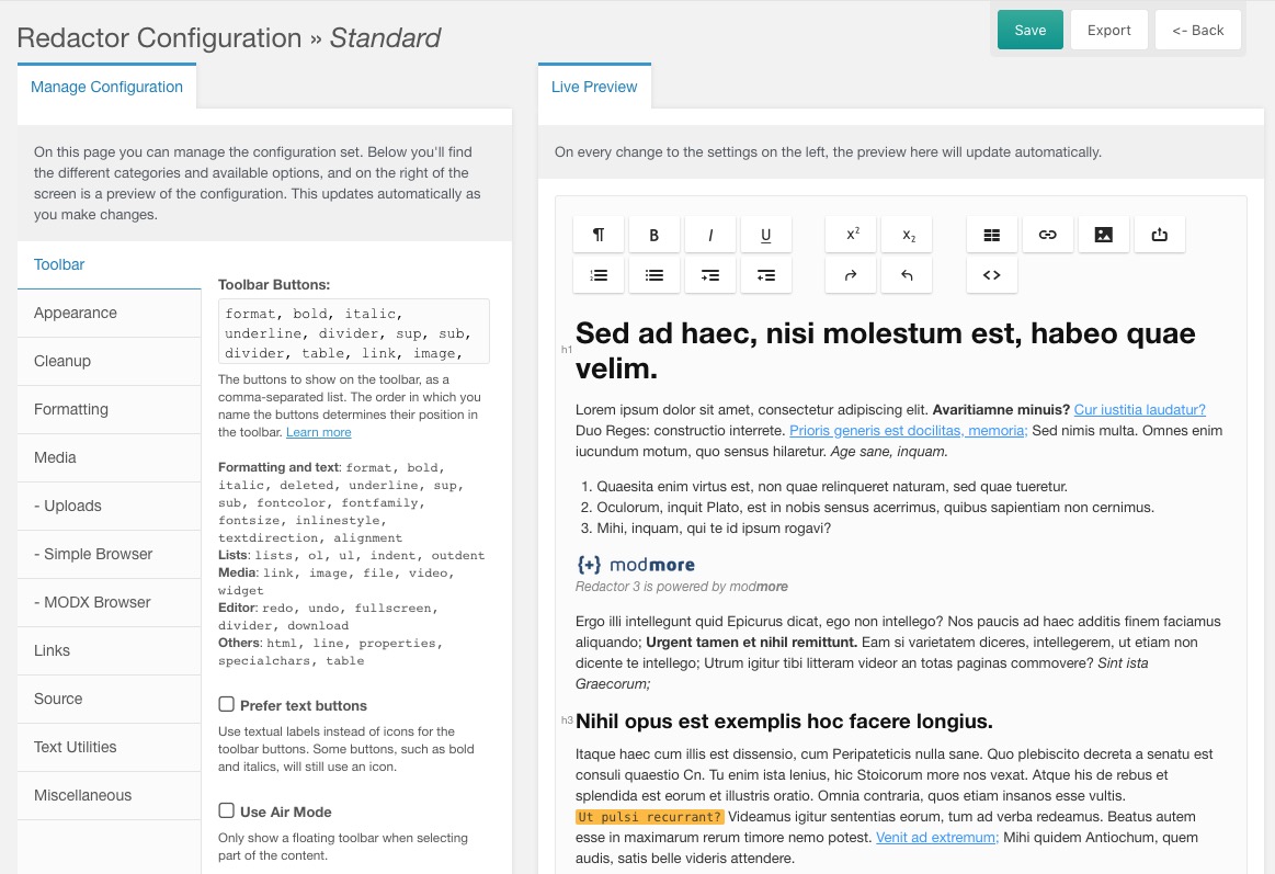 Screenshot of the Redactor Configurator in action