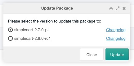 "Update Package" window in MODX showing two versions that can be selected.