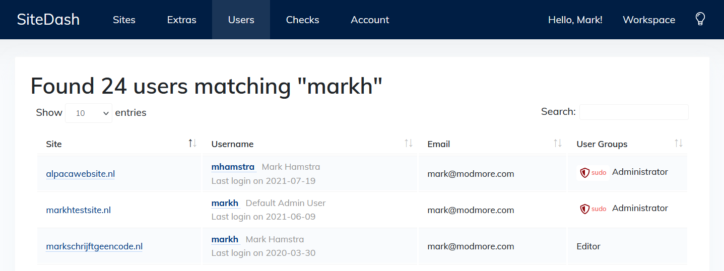 Screenshot of the SiteDash dashboard, showing 24 users found for the query "markh".