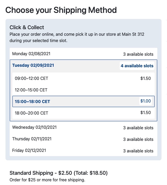 Example of what a Click & Collect shipping method may look like, showing dates and time slots per date in an accordion design.