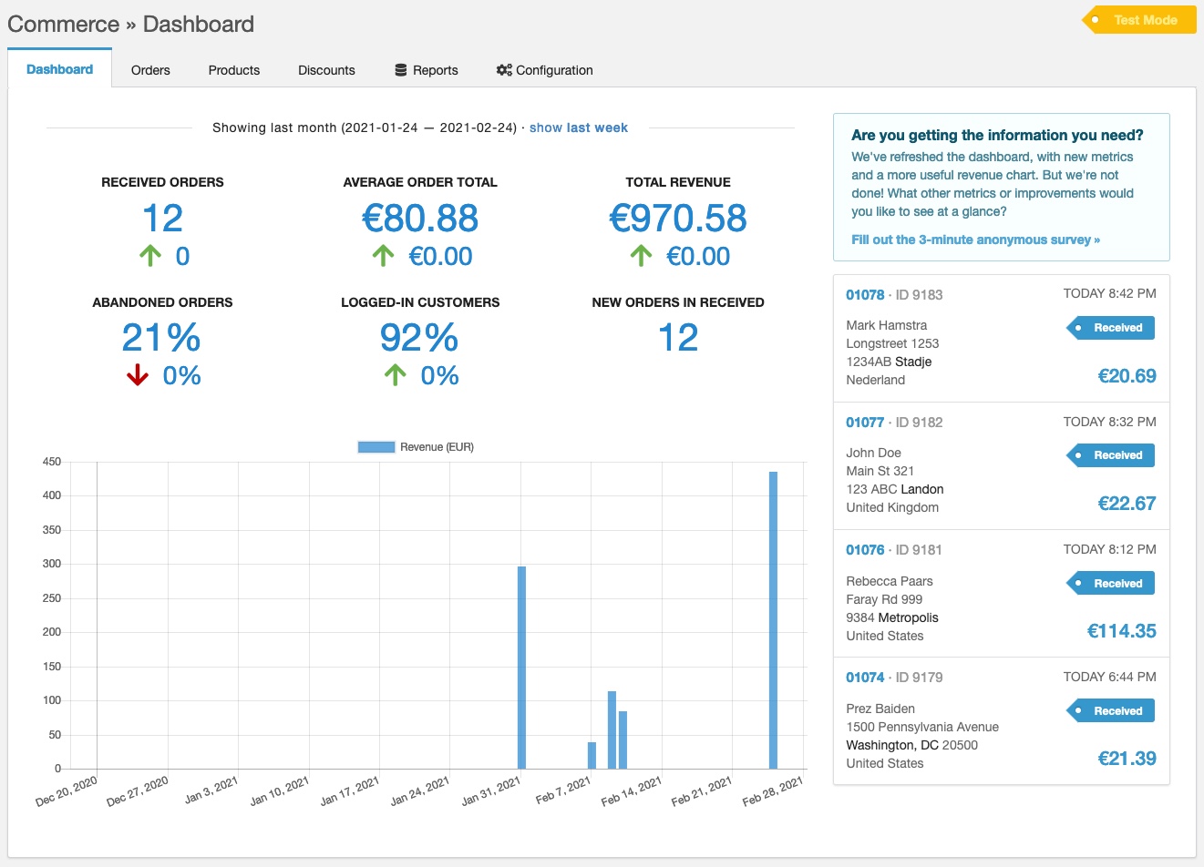 Screenshot of the refreshed Commerce dashboard with big statistics at the top, a list of recent orders on the right side, and a revenue chart in the bottom.